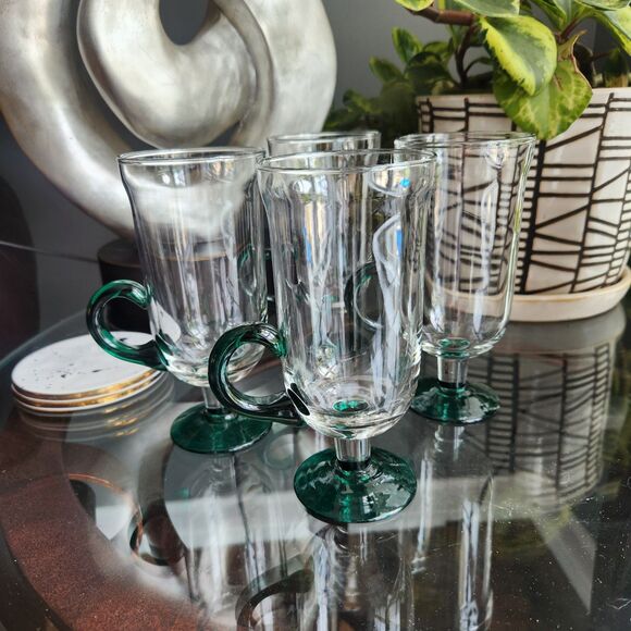 Set of 4 Vtg Pedestal Glass Irish Coffee Bar Mugs w/ Green Accent MCM Art Deco - Picture 2 of 9